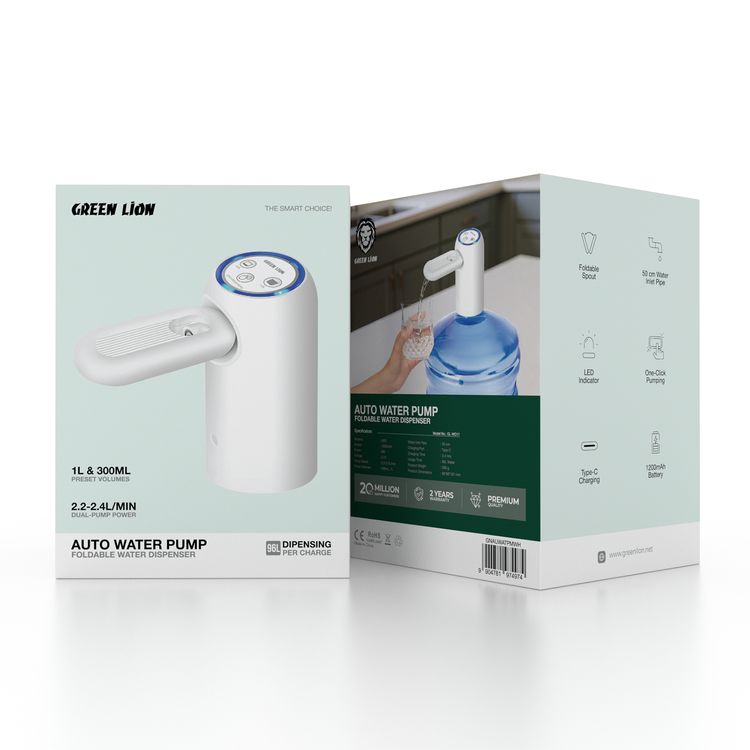 Green Lion Auto Water Pump with LED Indicator, One-Touch Pumping, 50cm Water Inlet Pipe, 6W Power, 2.2-2.4 L/min Pump Speed, ABS Material, Foldable Water Dispenser - White