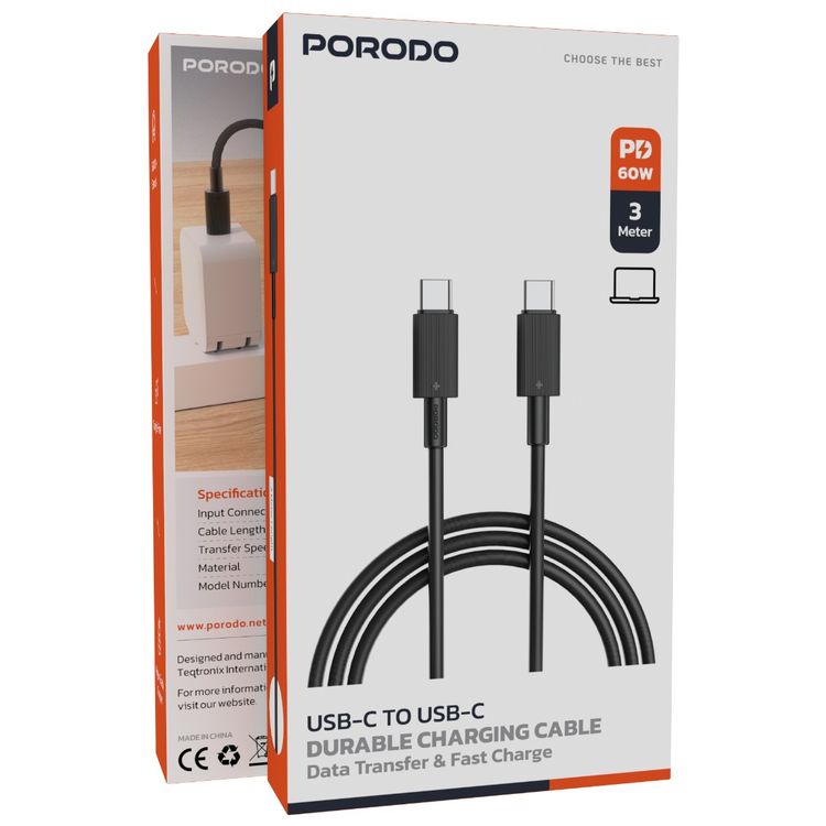 كابل بورودو من النوع C إلى C PVC بطول 3 متر، سرعة نقل 480 ميجابت في الثانية، PD 60 وات، عمر افتراضي يزيد عن 15000 ثنية، خالٍ من التشابك - أسود