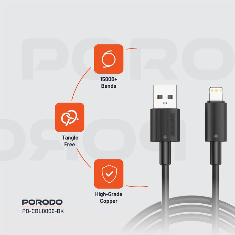 Porodo USB A to Lightning PVC Cable 3m, 480Mbps, 2.4A, more than 15000 Bends Life Span, Tangle Free - Black