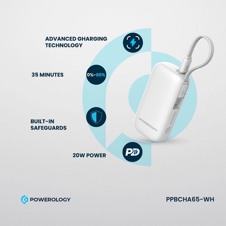 بنك طاقة Powerology بسعة 5000 مللي أمبير في الساعة مع سلك USB-C قابل للإزالة، وتقنية شحن متقدمة، وشحن لجهازين، وصغير الحجم وقابل للحمل، مع حماية مدمجة، وتوصيل طاقة بقوة 20 وات - أبيض