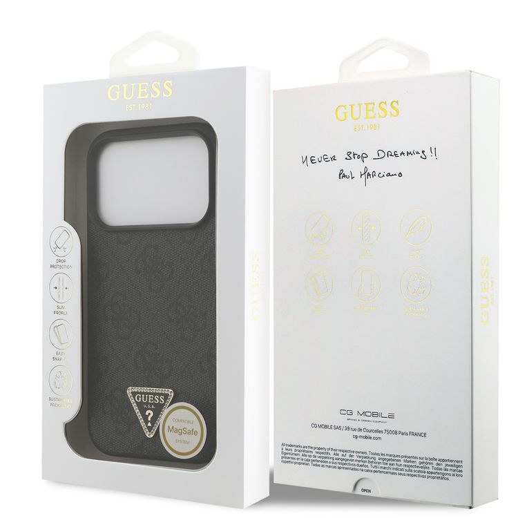 تخمين حافظة مغناطيسية 4G من الجلد الصناعي مع شعار مثلث لهاتف iPhone 17 Pro Max، تصميم نحيف، حماية من السقوط، قبضة مريحة، تغليف مستدام، تصميم خفيف الوزن، سهلة التركيب - باللون الأسود.