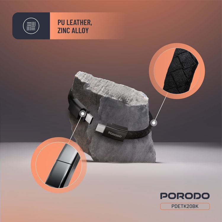 Porodo USB-C to USB-C Wristband Cable with Magnetic Steel Clasp, 60W Power Delivery, 480Mbps Data Transfer Speed, Wearable Design, 20cm Cable Length, PU Leather & Zinc Alloy Material - Black