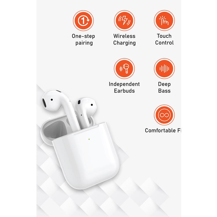 Porodo Blue Deep Bass Wireless Earbuds 2, One-Step Pairing, Comfortable Fit, Independent Earbuds, Touch Control, Deep Bass -  White