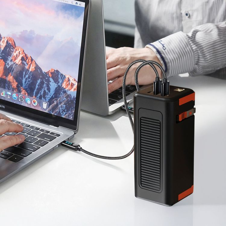 Porodo Powerboost 50000mAh Power Bank with Flashlight, Info Display, PD 20W, 70cm Retractable Type-C Cable, Type-C & Dual Type-A Ports, QC3.0 22.5W, Simultaneous Charging, Universal Compatibility - Black