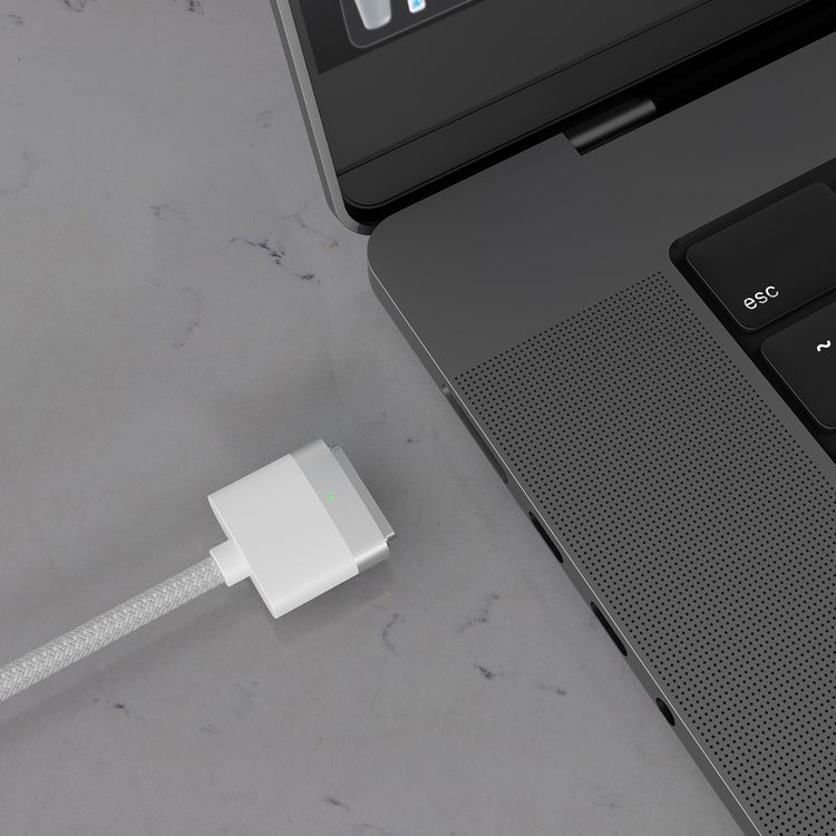 Porodo USB-C to MagSafe 3 Charging Cable with 140W Rated Power Output, 1.2m Cable Length, Nylon Braided Material, Compatible with Macbook, High-Speed Charging, Magnetic T-Tip Connector - White