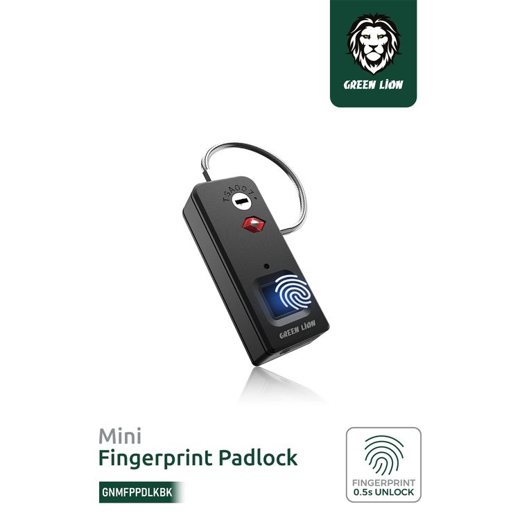 Green Lion Mini Fingerprint Padlock with Anti-Theft Protection, 10 Fingerprint Sets, Red, Blue & Green Indicator Lights, 90 Days Standby Time - Black