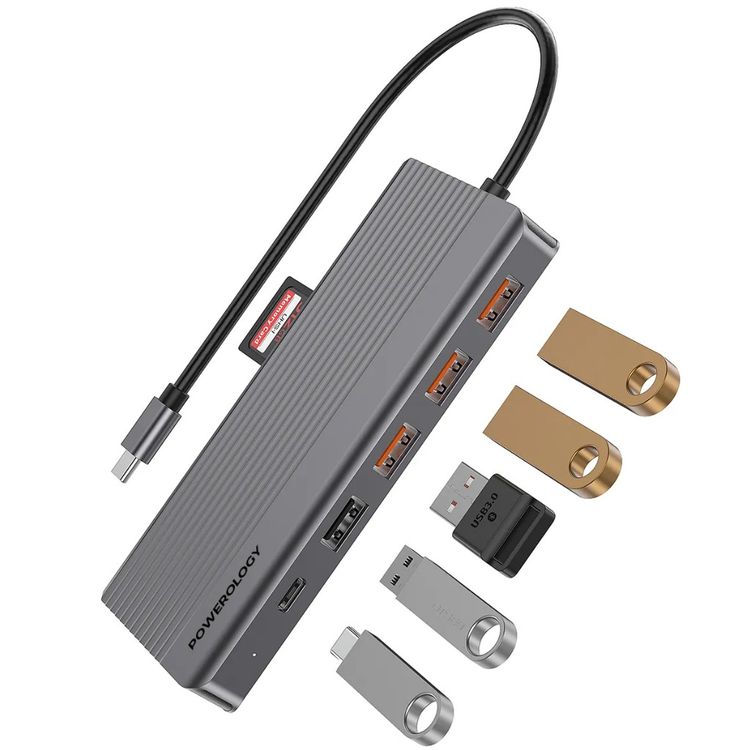 Powerology 13-in-1 USB-C Hub, 4K, HDMI, Type-C, 100W PD, Ethernet, USB SD MicroSD, 3.5 AUX - Gray