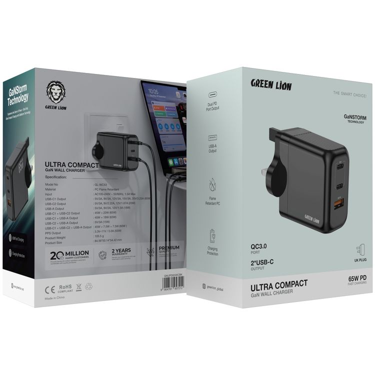 Green Lion Ultra Compact GaN Wall Charger with PD 65W, 1× USB-A & 2× USB-C Ports, PC Flame Retardant Material, 3-Pin UK Power Plug, Charging Protection, GaN Technology - Black
