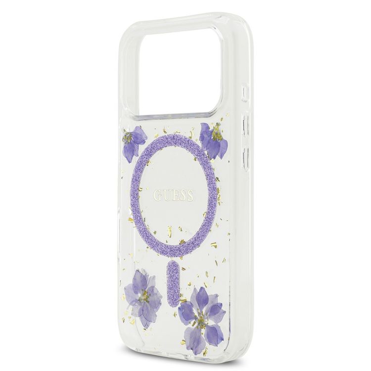 Guess MagSafe Resin Case with Flowers & Glitter Pattern for iPhone 17 Pro, Slim Profile, Drop Protection, Easy Snap-On, Sustainable Packaging, Comfortable Grip, Lightweight Design - Purple