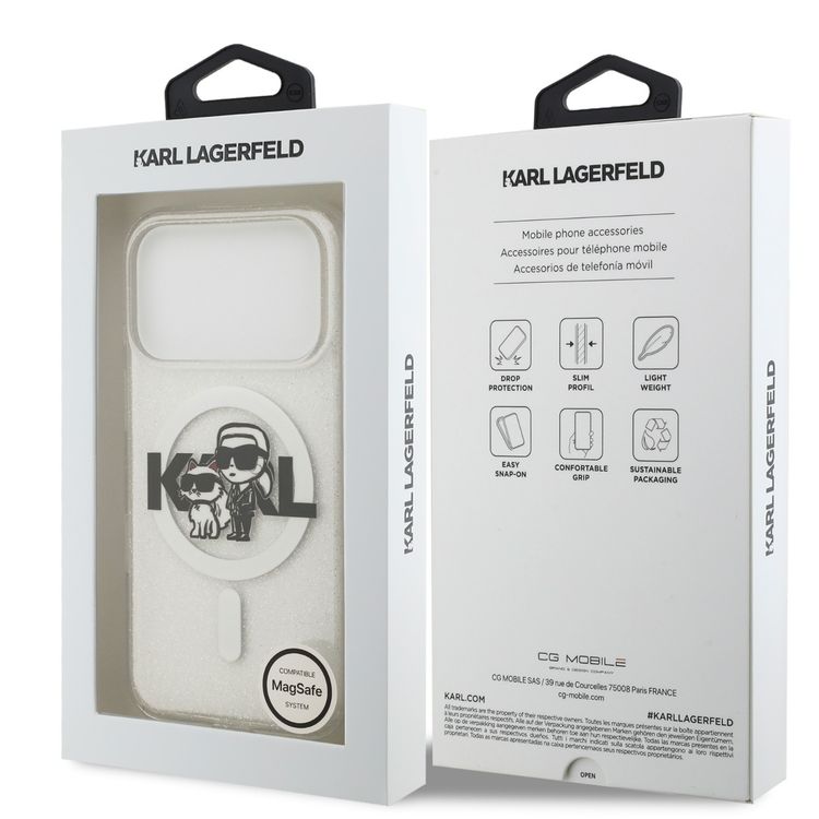 غطاء كارل لاغرفيلد MagSafe IML بلمعة مع رؤوس كارل وشوبيت لهاتف آيفون 17 برو، حماية من السقوط، تصميم نحيف ووزن خفيف، سهل التركيب، قبضة مريحة، تغليف مستدام - شفاف