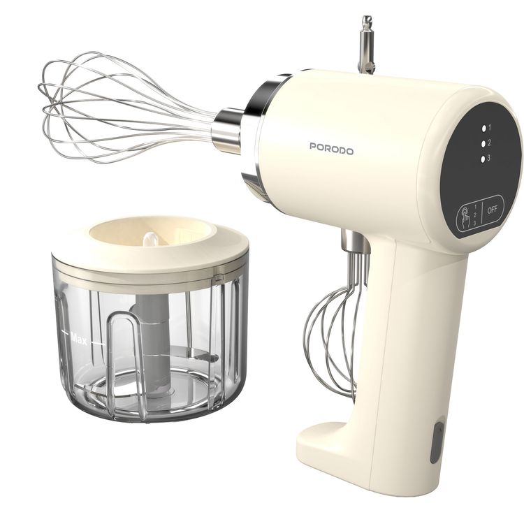 porodo لايف ستايل خلاط يدوي متعدد الوظائف قابل لإعادة الشحن 2 في 1 مع مفرمة وخافق، حماية من التيار الزائد، وظيفية لاسلكية، حماية من التفريغ الزائد، 3 أوضاع خفق، 3 أوضاع فرم، تصميم مريح، 3 مستويات سرعة، لوحة لمس LED، سعة 300 مل، تحكم باللمس - بيج