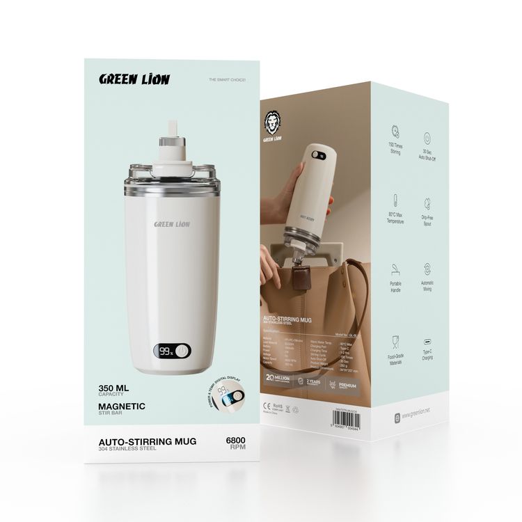 Green Lion Auto-Stirring Mug with 304 Stainless Steel, 30 Seconds Auto Shut-off, Food-Grade Materials, 150 Times Stirring, Portable Handle, Drip-Free Spout, 350mL Capacity, Magnetic Stir Bar - Cream