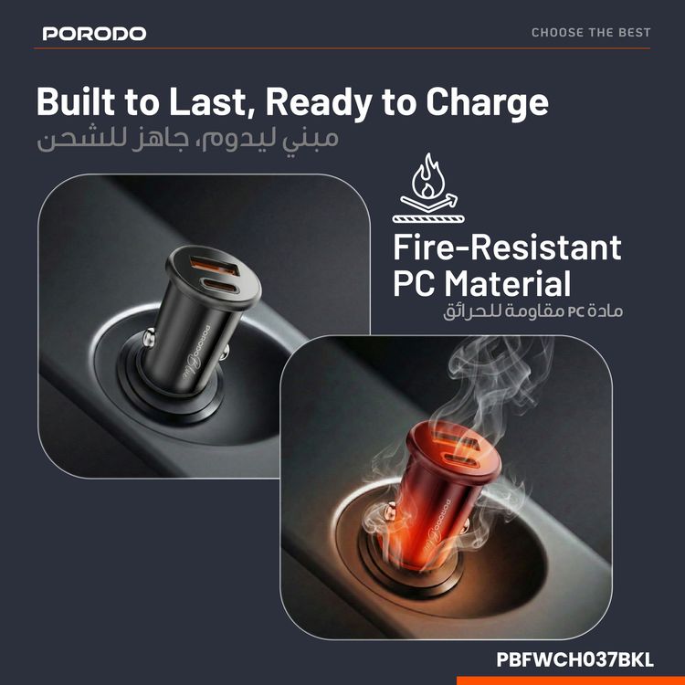 Porodo Blue Dual Port 30W Car Charger with Type-C to Lightning Cable, USB-C & USB-A Ports, 15W Shared Output, Polycarbonate Material - Black