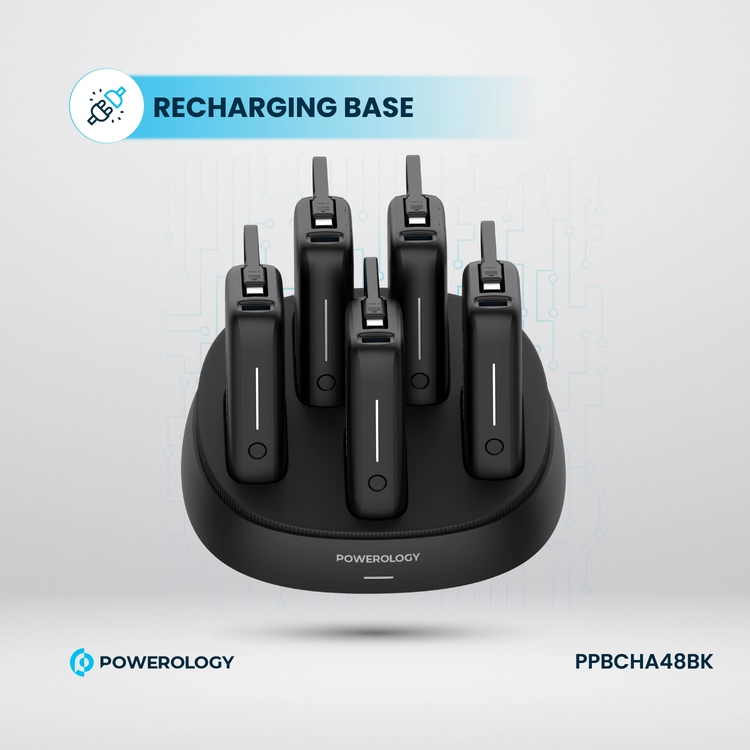 Powerology 5 x 10000mAh Power Bank Station with 50W PD, USB-A, USB-C, Type-C Built-in Cable, 12V/1A Max Contact Input, Rapid Recharging Station, High-Density Batteries, Type-C Built-in Cable, 5V/3A Total Output, Built-in Safeguards - Black