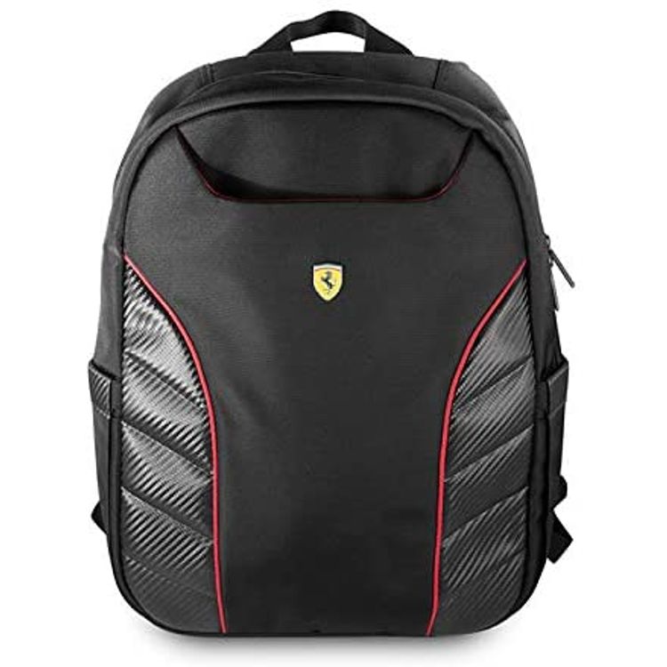 CG Mobile Ferrari Scuderia New Simple Version Nylon & PC Carbon Backpack Compatible for 15" inch iPad, Tablets, Laptop, Adjustable Padded Shoulder Straps Officially Licensed - Black