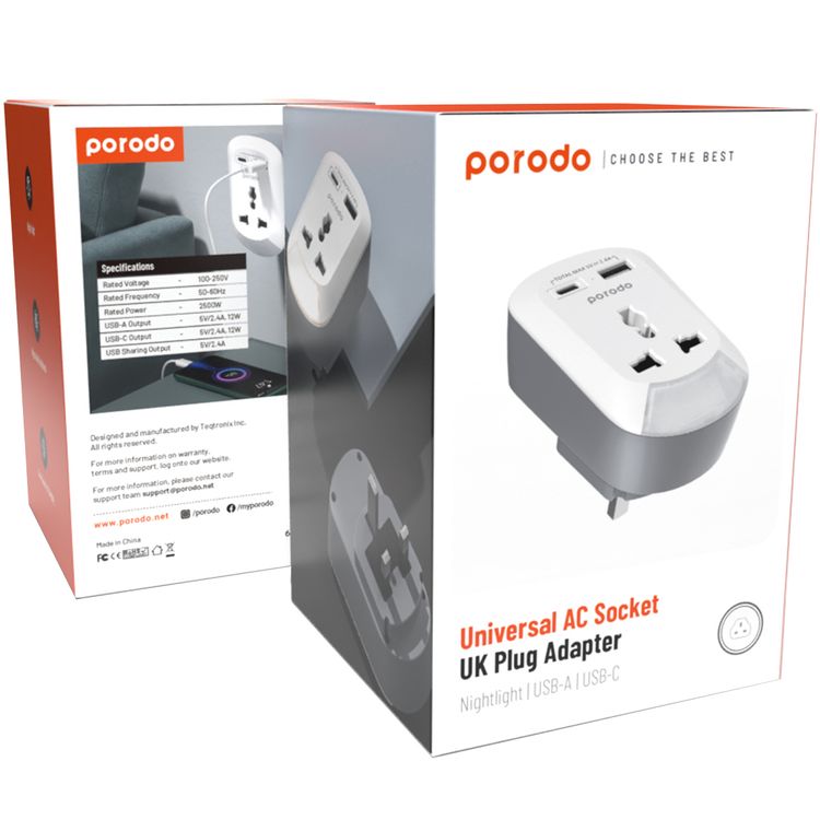 محول Porodo Universal AC مع قابس المملكة المتحدة، ضوء ليلي، قدرة 2500 واط، شحن متزامن، مخرج USB-C و USB-A بقدرة 12 واط، سطوع قابل للتعديل - أبيض