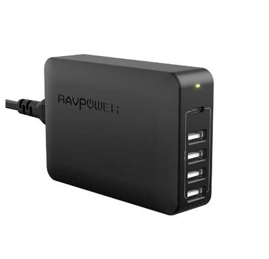 RAVPower 5 Ports USB Desktop Charger Charging Station with USB-C PD 60W - Fast Charging  Portable Mini Size Charger Hub with iSmart 2.0 Technology - Broad Compatibility - Black