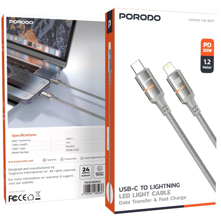 Porodo USB-C to Lightning LED Light Cable with 30W Power Delivery, 480Mbps Transfer Speed, 1.2m Cable Length, Fast Charging & Data Transfer, Braided Wire - Gray