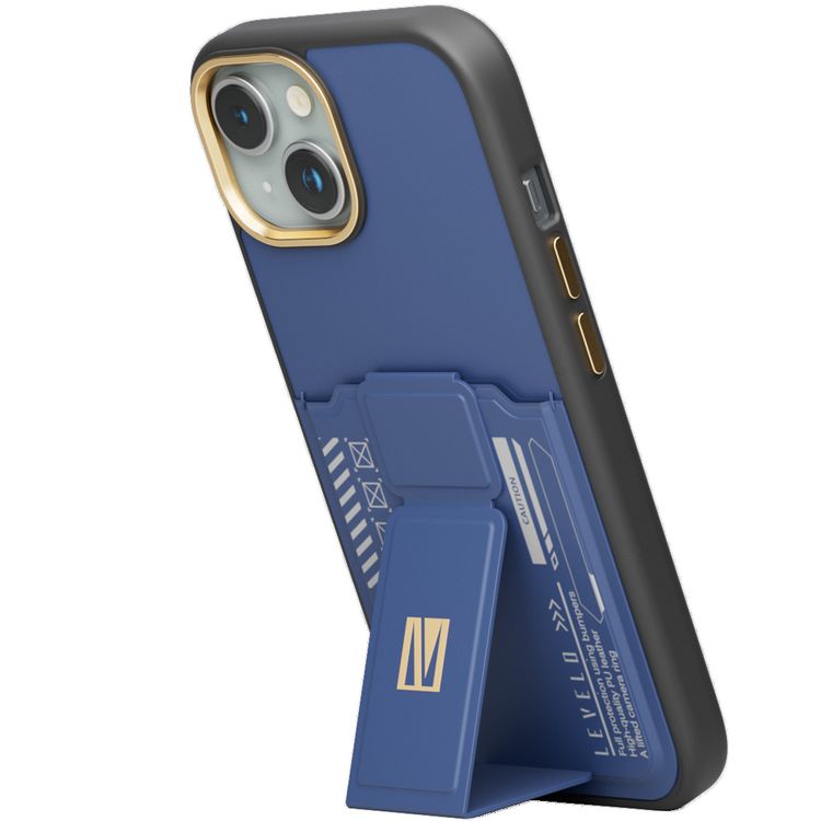جراب Levelo Morphix Cuero Gripstand لهاتف iPhone 15 مع حامل بطاقات، أوضاع متعددة، مادة جلد البولي يوريثان، حواف مقاومة للصدمات - أزرق