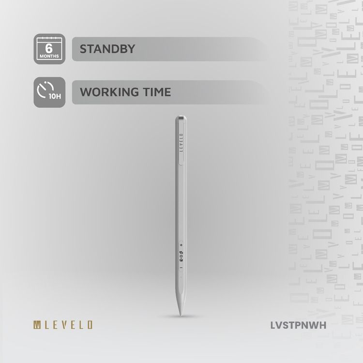 Levelo SkyWrite Versa Stylus Pen for iPad, 130mAh Battery Capacity, Aluminum Alloy & Polyoxymethylene Material, USB-C Charging Interface, <1 Hour Charging Time, 10 Hours Working Time, 6 Months Standby Mode, 2 Extra Tips, Strong Magnetic Field - White