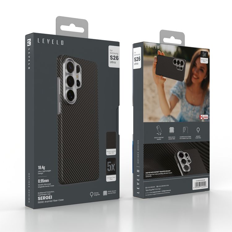 Levelo Sergei 1500D Aramid Fiber Case for Samsung S26 Ultra, Shock-Resistant Bumper, Strong Magnets, 1500D Woven Aramid Fiber, 4ft. Drop Tested, Aluminum Alloy Frame for Camera & Buttons - Black