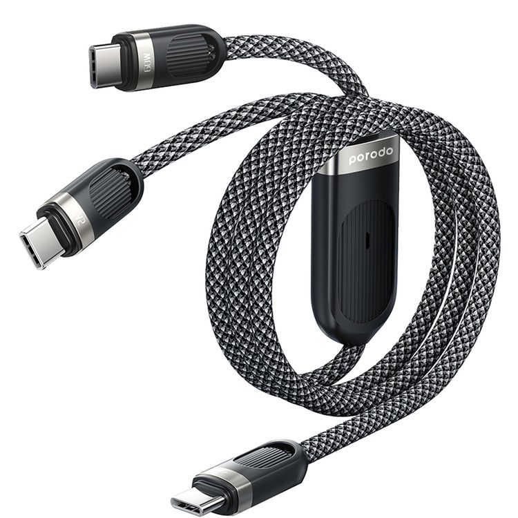 كابل شحن سريع من نوع Porodo Dual Type-C مع واجهة إدخال Type-C، شحن متزامن، توافق عالمي، مخرج USB-C1 بقدرة 60 واط، مادة خارجية مضفرة - أسود