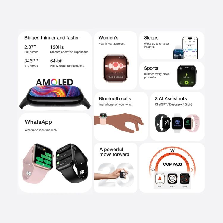 Green Lion Communicate 46mm Smart Watch with 2.07” Super AMOLED Display, 375mAh Battery Capacity, 1GB Flash Storage, IP68 Waterproof, 2-3 Days Working Time, 10 Days Standby Time, Bluetooth Version 3.0 + 5.4, Wireless Charging, Dynamic Island, Always-On Display, 500+ Watch Faces - Silver