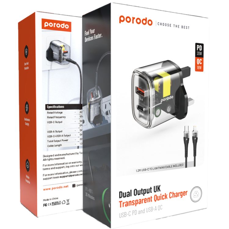 Porodo Dual Output Transparent Quick Charger with USB-C to Lightning Cable, 20W Power Delivery, Simultaneous Charging, 18W USB-A Output, 0%-60% Charge in 35 Minutes, Overheat Protection - Black