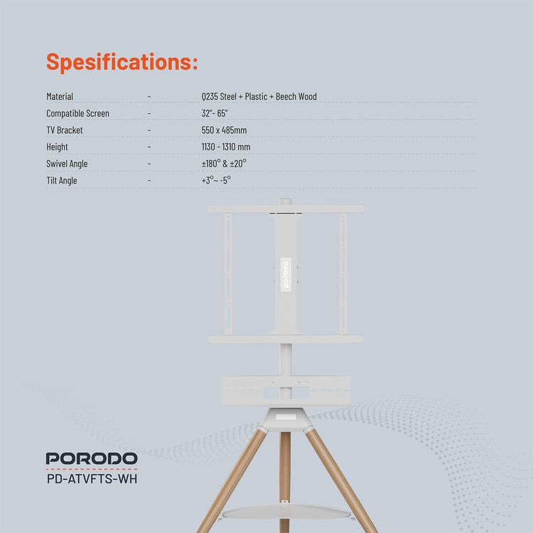 Porodo Wooden Tripod TV Stand with 35kgs Maximum Weight Capacity, 32"-65" Screen Compatibility, Media Device Storage, VESA Compatibility - White