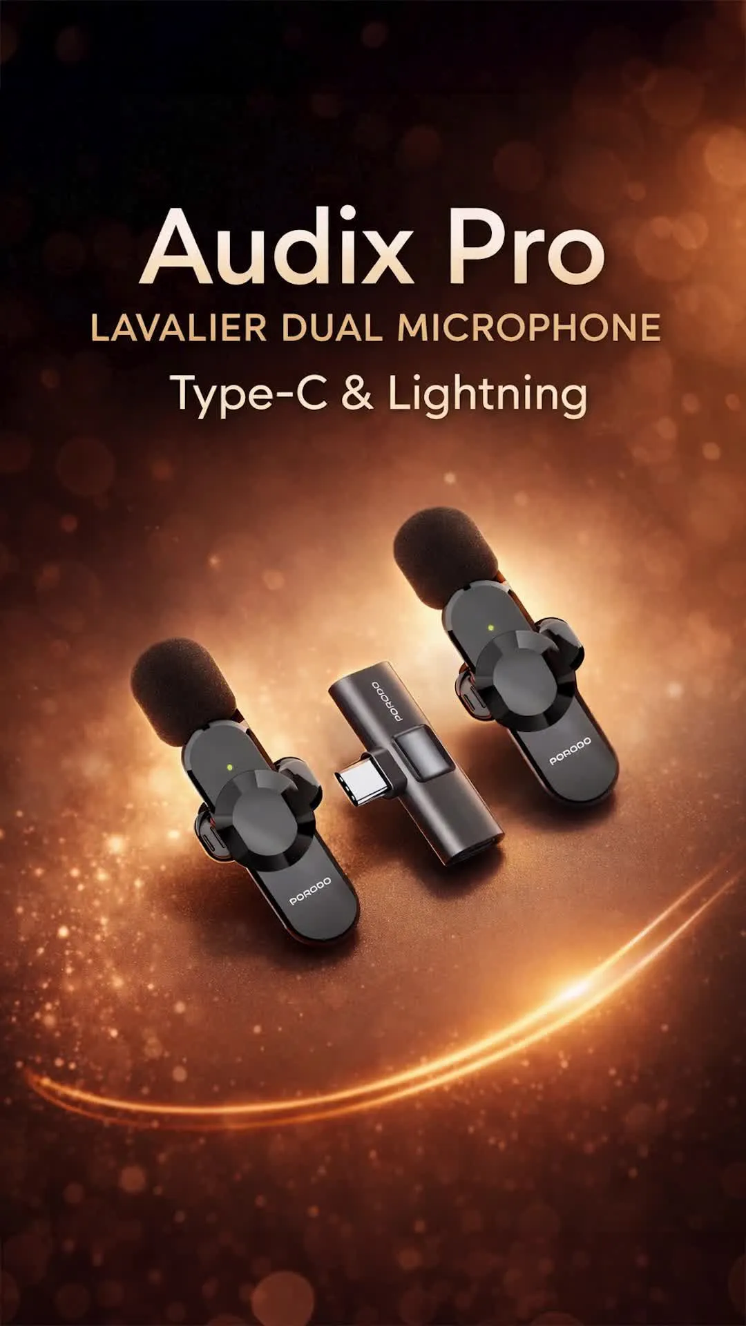 Porodo Audix Pro Lavalier Dual Microphones with Type-C & Lightning Connectoer, Up to 3 Hours Working Time, 1 Hour Charging Time, 40mAh Battery Capacity, Instant Wireless Setup, Auto Pairing Technology, Precise Reverb - Black