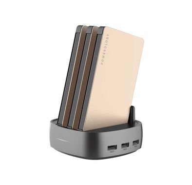 Powerology 3-in-1 Power Bank Station 8000mAh With Built-in Cable, Portable Power Bank and 1 Rapid Recharging Station Compatible iPhone Devices, Type C Charging Ports - Gold