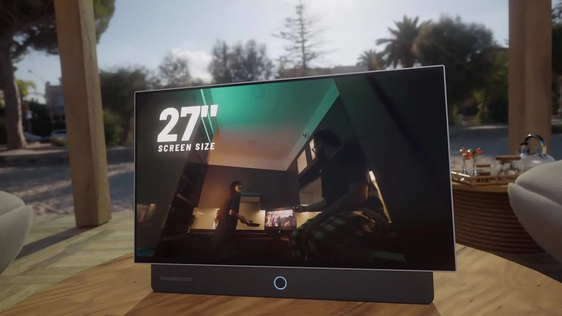 Powerology Portable FHD Smart TV with Android 14, Active-Matrix LCD Display, 3H Built-In Battery, Front Speaker, FHD Screen Resolution, Protective Carrying Case - White