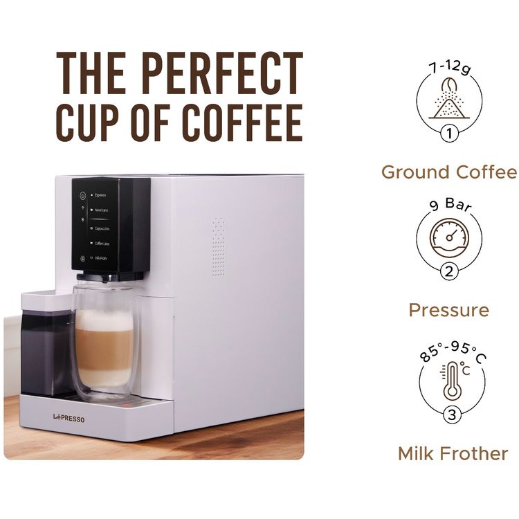 LePresso Automatic Coffee Machine with Mobile Application, 1200mL Water Tank & 300mL Milk Tank Capacity, 1480W Rated Power, Adjustable Grinder, Dual-Boiler, 4.3" Digital Display - White