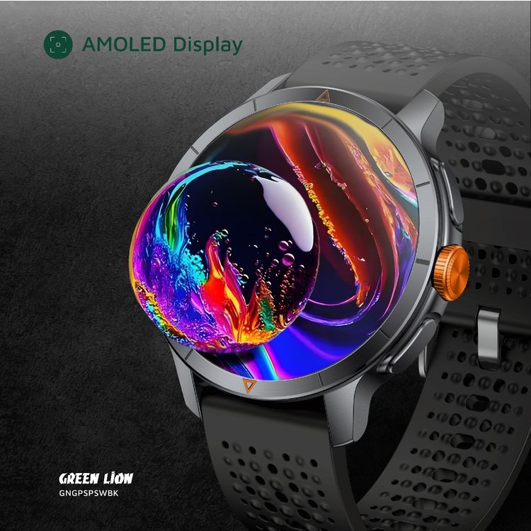 Green Lion GPS Pro Smart Watch with 1.6 Inches Large Display, Barometer & Compass, Sleep Monitoring, Voice Recording, Real 60Hz FPS, TWS Function, Local Music & Phone Album, Heart Rate Monitoring, Bluetooth Call, Geomagnetic & Altitude, 450mAh Battery, 6 Days Working Time - Black