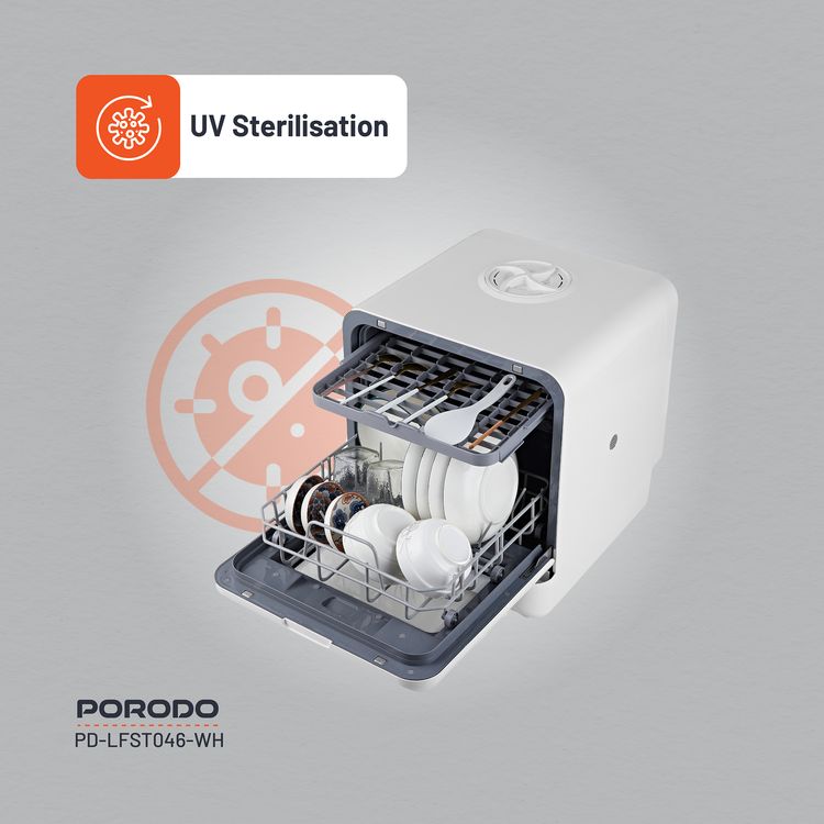 Porodo Lifestyle Counter-Top Dishwasher 220V, 5L Water Tank Capacity, 25L Space Capacity, Hot Air Drying, Hygienic Cleaning Power, UV Sterilization - White