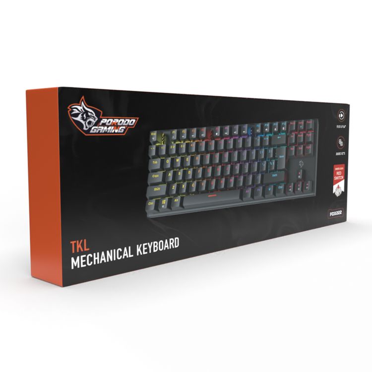 Porodo Gaming TKL Mechanical Keyboard with 12 RGB Light Modes, 25 Anti-Ghosting Keys, 50 Million Clicks Lifespan, 1.5m PVC Cable, Plug & Play, English & Arabic Keys - Black