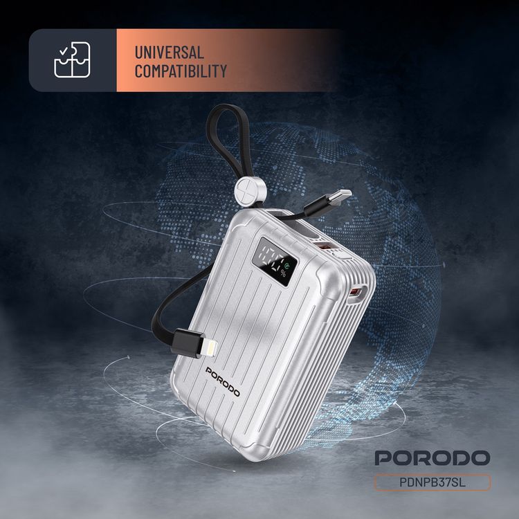 Porodo Petite 20000mAh Power Bank with Integrated Type-C & Lightning Cable, PD 20W, USB-A & USB-C Ports, Fast Charge Support, Digital Display, Universal Compatibility - Silver