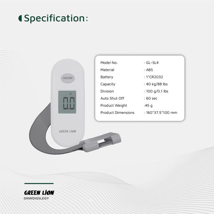 Green Lion Weight Mate Digital Luggage Scale with Overload & Low Battery Indicator, 60s Auto Shut Off, Tare Function, Digital Display, 40kg Capacity & 100g Division - Gray
