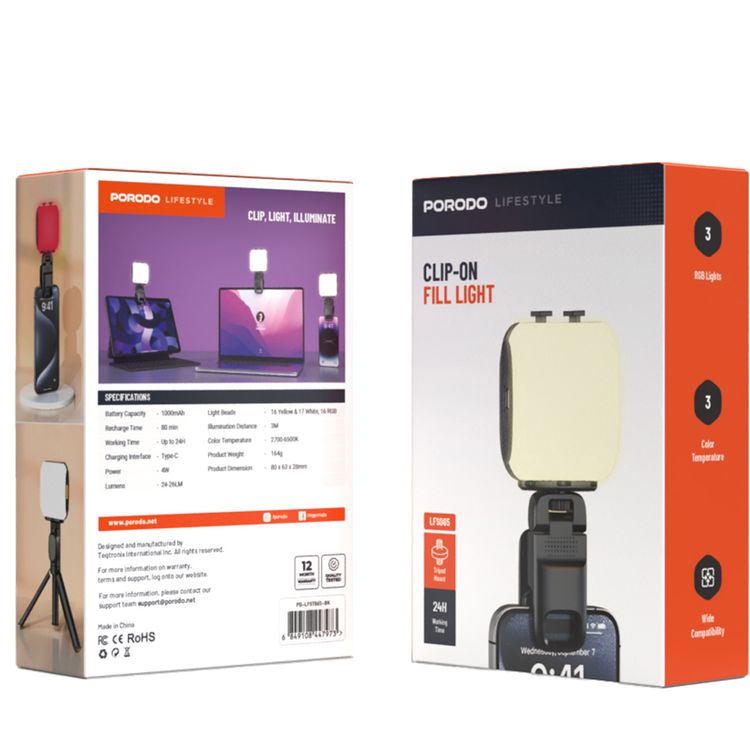 Porodo Lifestyle Clip-On Fill Light with 3 Color Temperatures, 1000mAh Battery Capacity, Up to 24 Hours Working Time, 3 RGB Lights, Wide Compatibility, 4W Power - Black