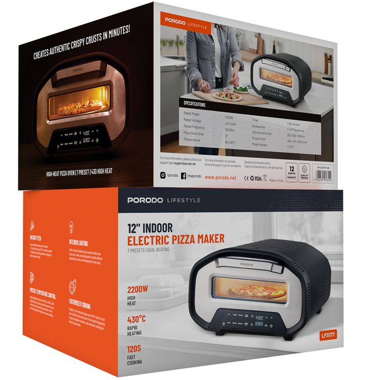 Porodo 12" Indoor Electric Pizza Maker with 7 Preset Programs, 80-430°C Temperature Control, 2200W Rated Power, Up to 60 Minutes Timer, Digital Display, Interior Lighting - Black