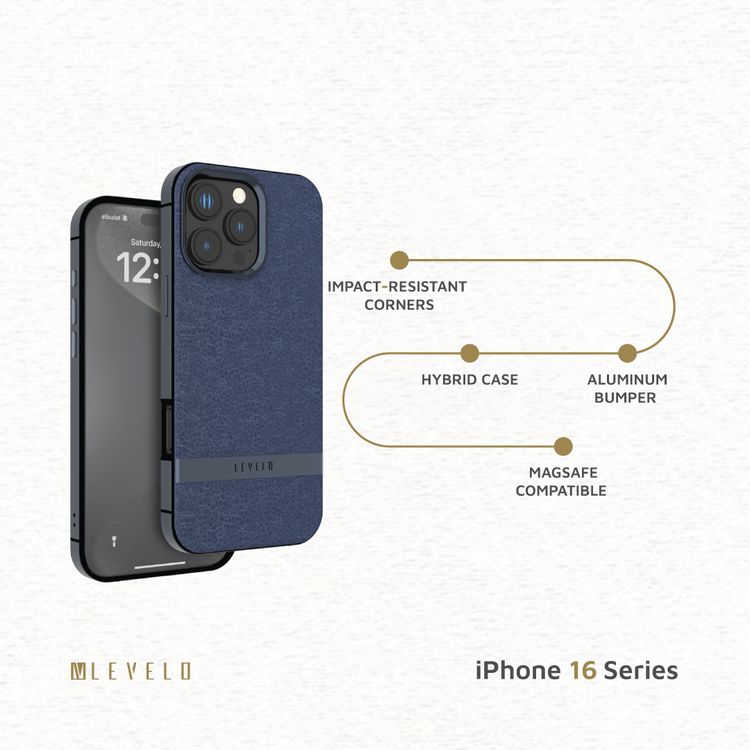 Levelo Pelle Leather Case for iPhone 16 Pro Max with Aluminum Bumper, Impact Resistant Corners, MagSafe compatibility, Lightweight & Slim Profile - Blue