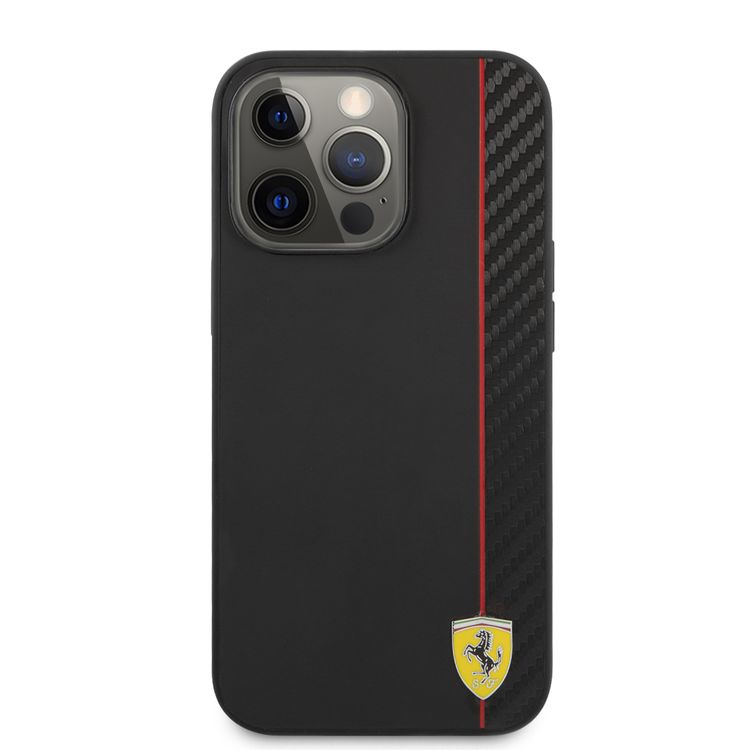 CG MOBILE Ferrari Hard Case PU Smooth & Carbon Effect Vertical Stripe Metal Logo Compatible for iPhone 13 Pro (6.1") Anti-Scratch, Easy Access to All Ports