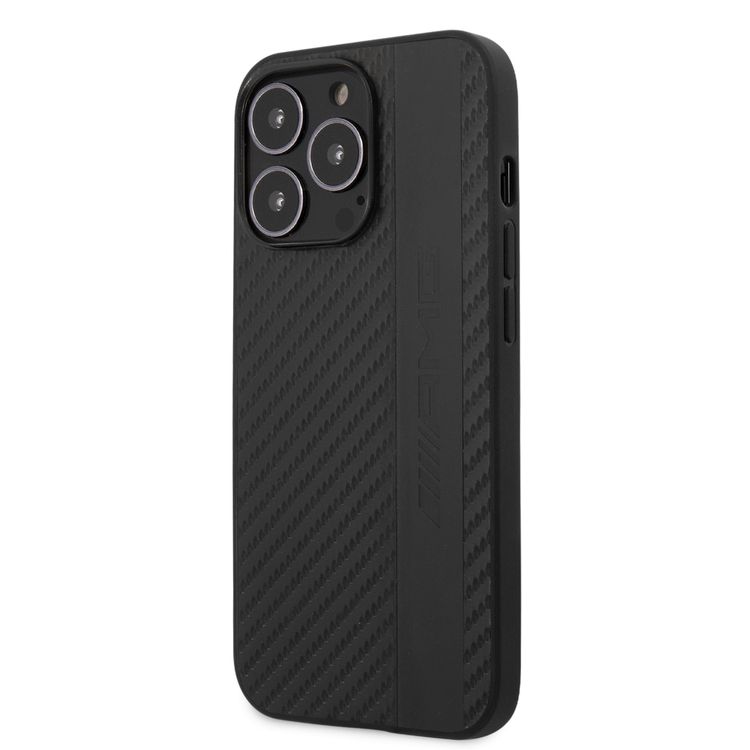 CG MOBILE AMG PC/TPU Case with PU Carbon Effect Gray Leather Stripe & Hot Stamped Logo Compatible for iPhone 13 Pro Max (6.7") Easy Access to All Ports, Shock-Absorption, Anti-Scratch, & Drop Protection Back Cover Suitable with Wireless Charging Officially Licensed