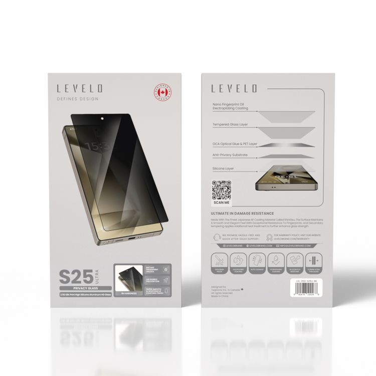 Levelo 2.5D Silk Print HD Privacy Glass for Samsung Galaxy S25 Ultra, High Silicone Aluminum, 0.25mm Ultra Thin, Scratch-Resistant, Oleophobic & Hydrophobic Coating, Instant Fingerprint Unlock, Air Bubble Prevention, Explosion- Proof, Auto-Exhaust - Black