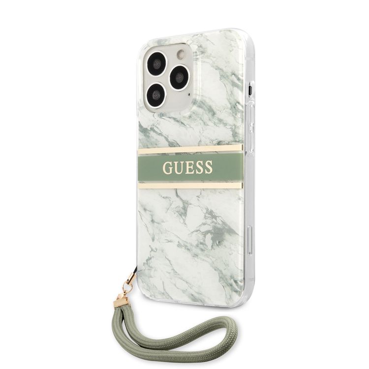 CG MOBILE Guess PC/TPU Case Marble Design & Stripe with Anti-Lost Nylon Strap for iPhone 13 Pro (6.1") Back Cover Suitable with Wireless Charging Officially Licensed Green