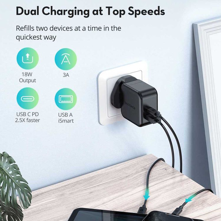RAVPower 2-Pack PD Pioneer Dual Port Wall Charger Combo 18W with Cable Compatible iPhone Lightning Devices - Portable Power Adapter with iSmart Fast Charging - Black