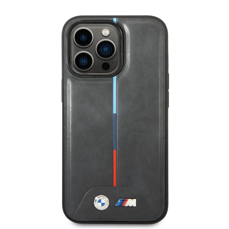 BMW M Collection Quilted PU Case with Hot Stamped Tricolor Stripe and Printed Logo iPhone 14 Pro Compatibility - Grey