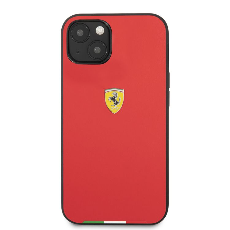Ferrari Hard Case PU Smooth & Italian Flag Line Metal Logo For iPhone 13 (6.1") - Red