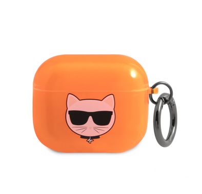 حافظة Karl Lagerfeld Choupette Fluo لسماعات Apple Airpods 3 مع قصات دقيقة، دعم الشحن اللاسلكي، سهلة التركيب، توفر حماية ضد الخدوش والأوساخ والسقوط الطفيف - برتقالي