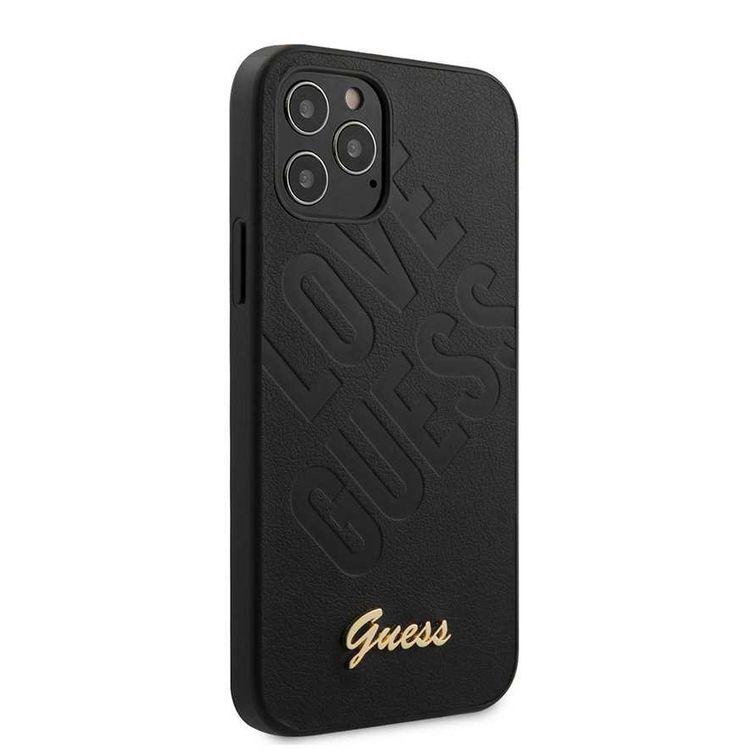 CG MOBILE Guess PU Iridescent "LOVE" Debossed Phone Case with Metal Logo Compatible for iPhone 12 / 12 Pro (6.1") Drop Protection Mobile Case Officially Licensed - Black